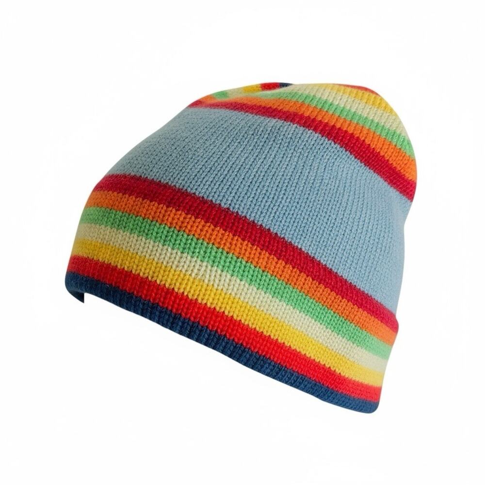 Vintage Meister 100% Wool Knit Beanie Hat Rainbow Stripe Made in Hong Kong